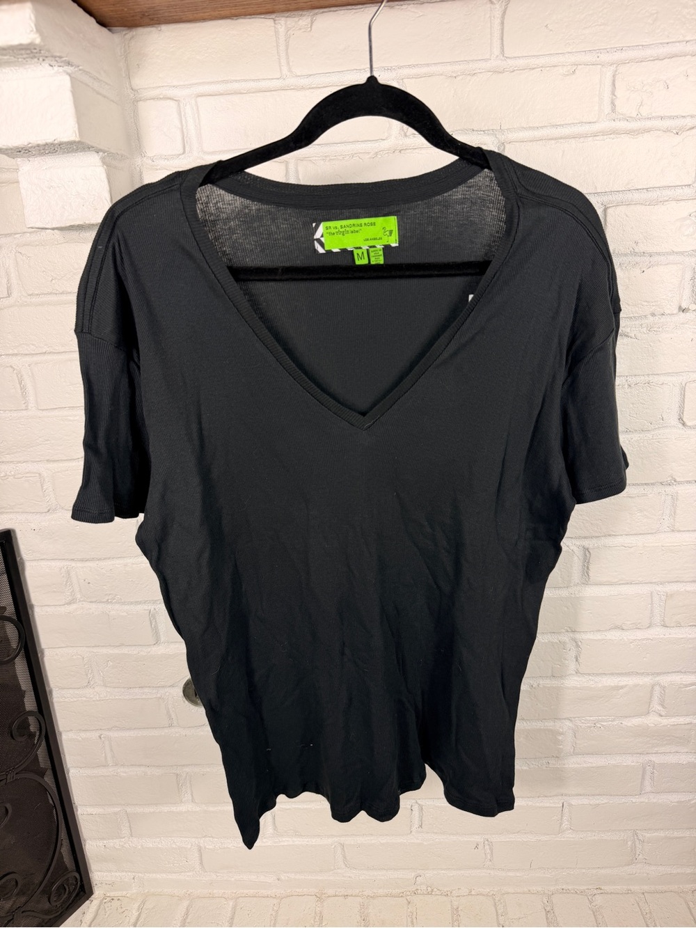 Sandrine Rose Black Ribbed V Neck Tee Medium NWT Made in USA‎ Oversized Top